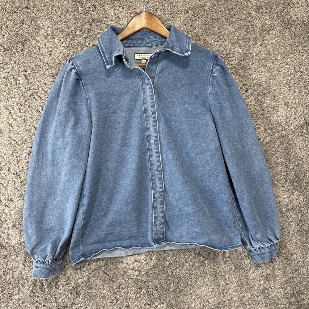 Bagatelle Collection Denim Puff Sleeve Shirt Jacket Medium Collared Snap Button